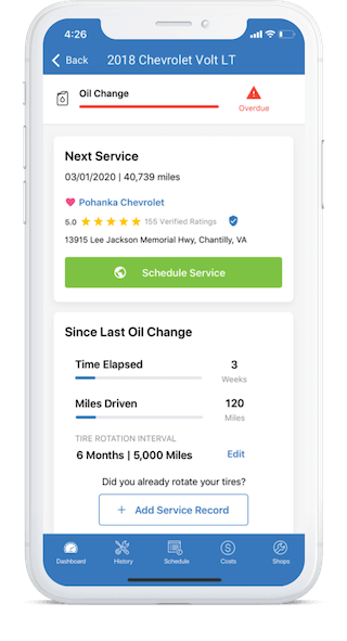 Screenshot of the Car Care oil change screen on a mobile device